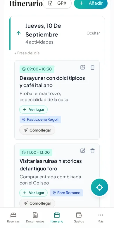 La app Tovías mostrando el itinerario de un viaje a Roma con actividades y horarios