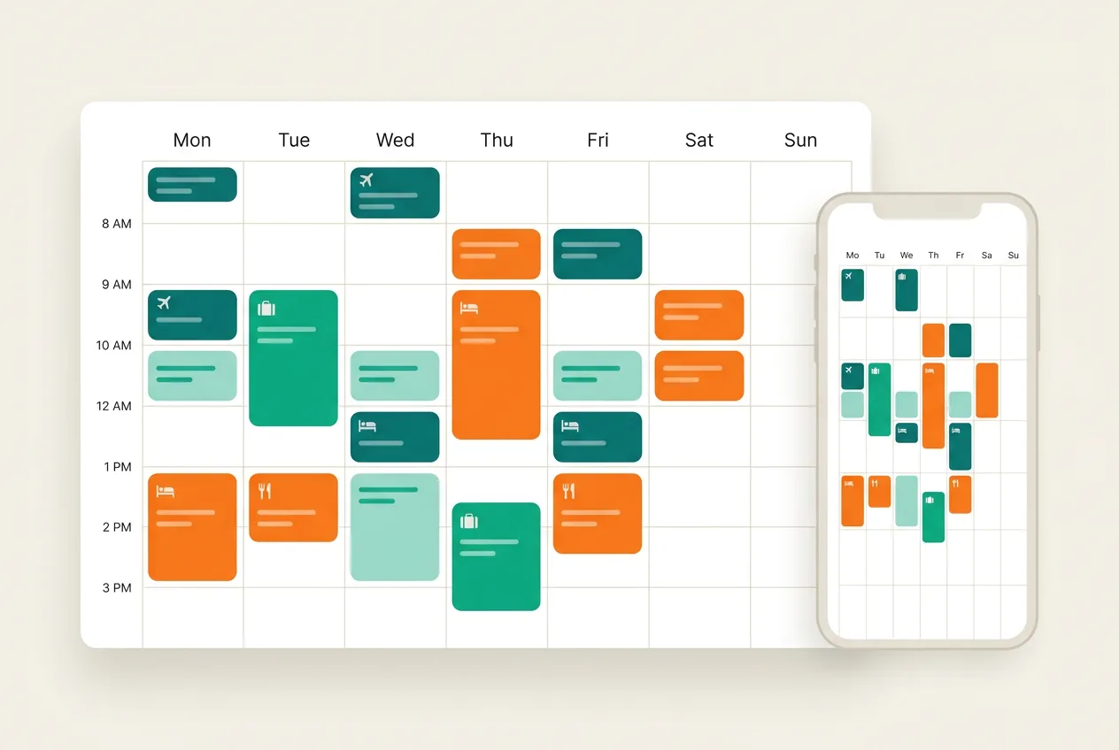 Itinerario de viaje sincronizado en un calendario semanal junto a un móvil